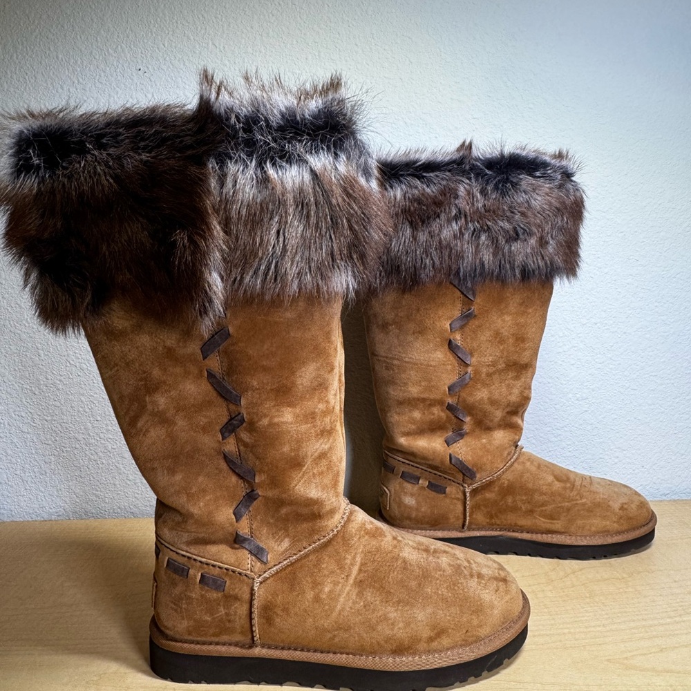 UGG ROSANA TALL CHESTNUT TOSCANA SHEARLING CUFF BOOTS US 10 NWOT